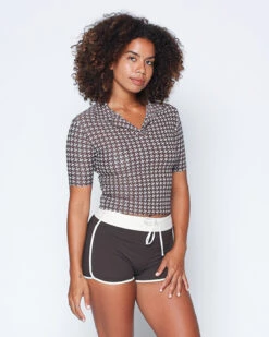 Bridgette Top - Mustang -Swim Supply Store Bridgette Mustang Brown Plaid Top Polo Collar Rashguard 1